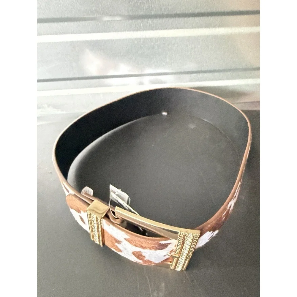 True Love  Cow Print Leather Calf Hair Textured Wide Gold Buckle Belt S